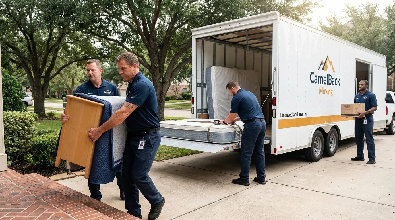 Crew loading residential truck for cross-state move from George West, TX