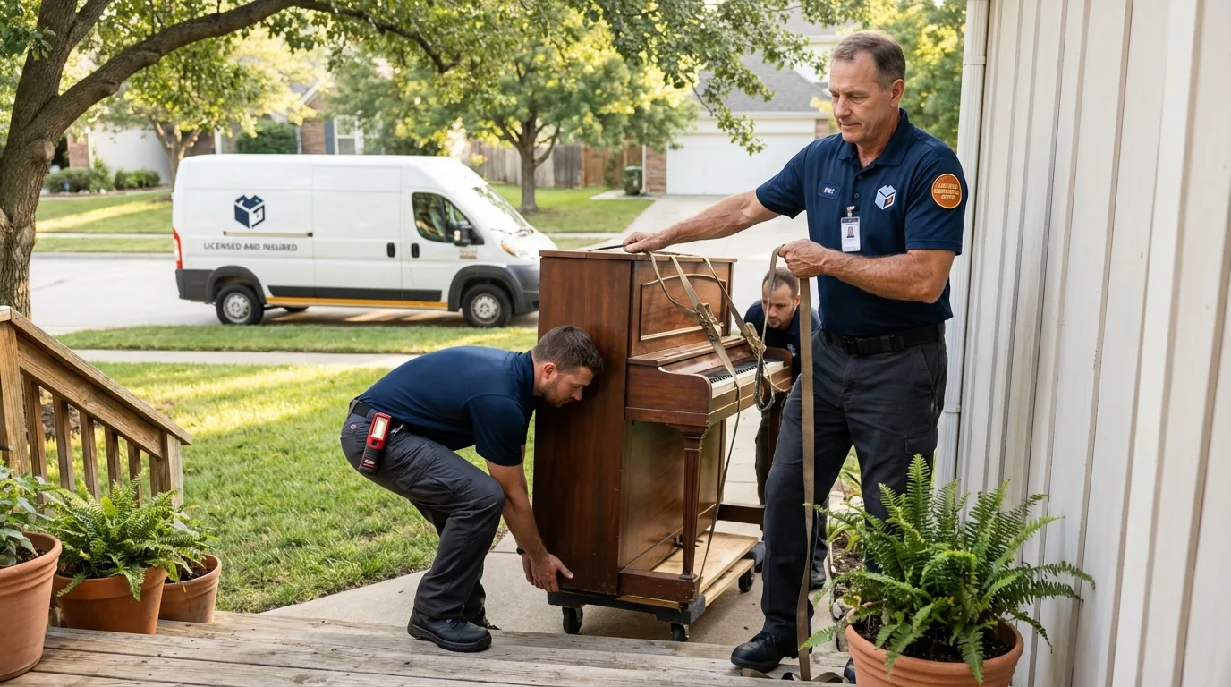 Licensed piano movers securing grand piano in George West, TX