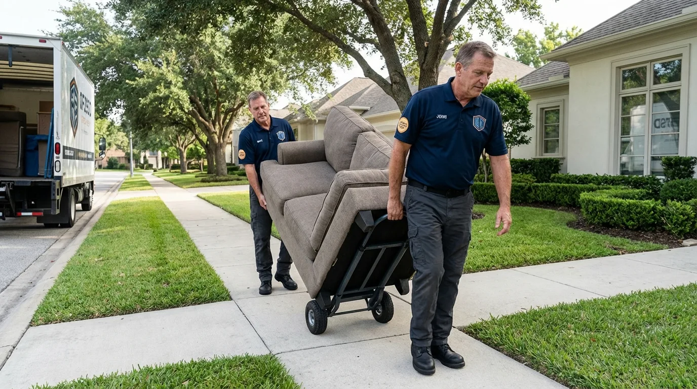 Local residential moving crew loading furniture in George West, TX