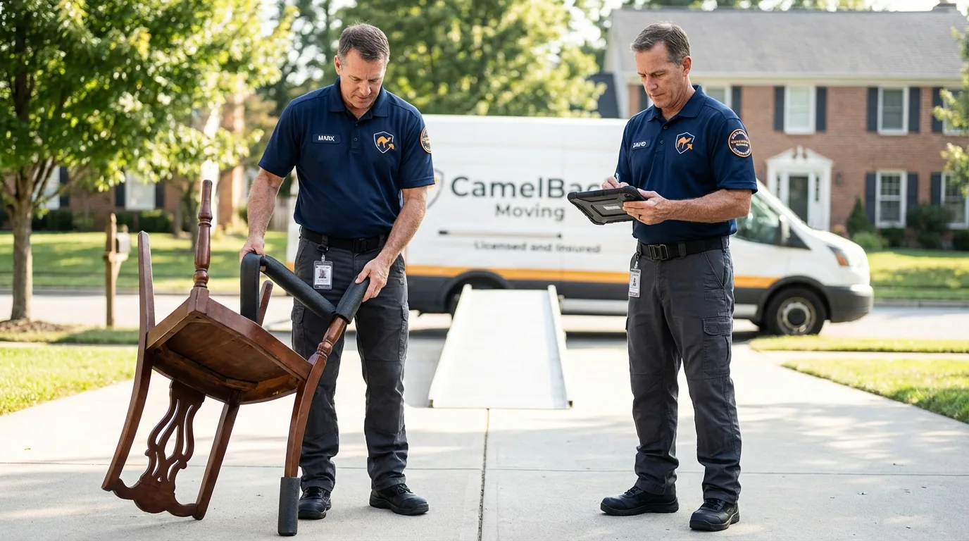 Movers inspecting furniture for damage prevention before loading in George West, TX