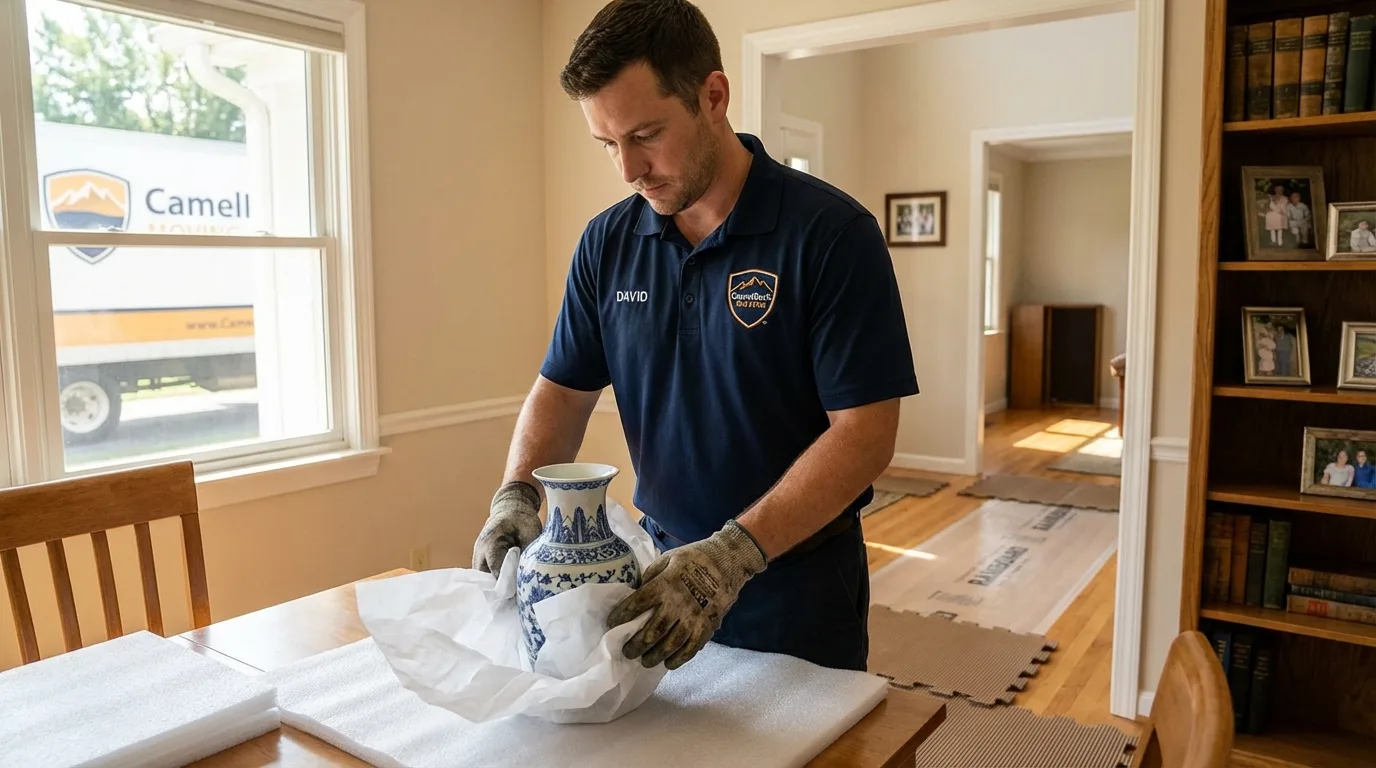 Professional crew carefully wrapping antique vase for senior downsizing move in George West, TX